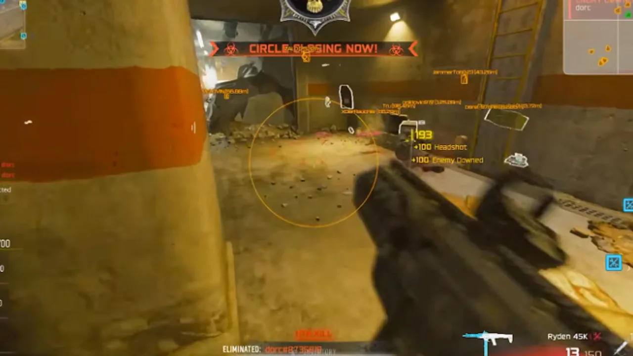 Call of Duty Warzone elimination feed and ESP names during a Prison interior fight