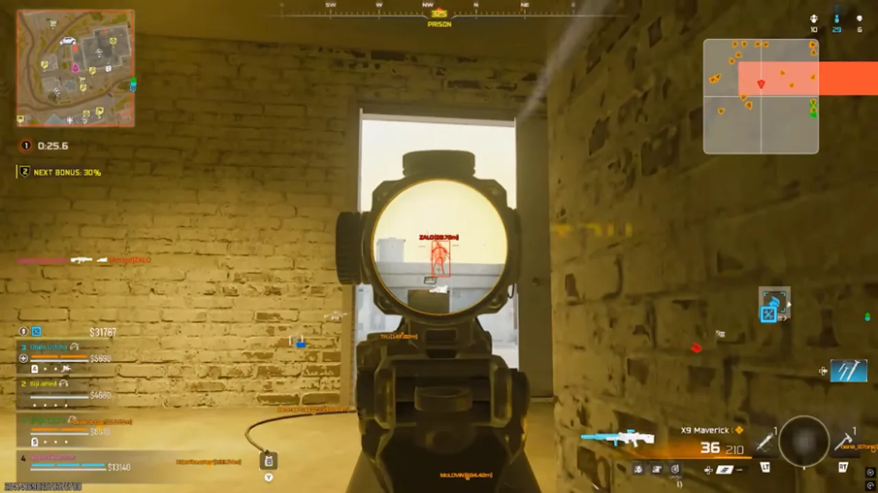 Call of Duty wallhack ESP skeleton visible through a doorway on a distant Warzone operator