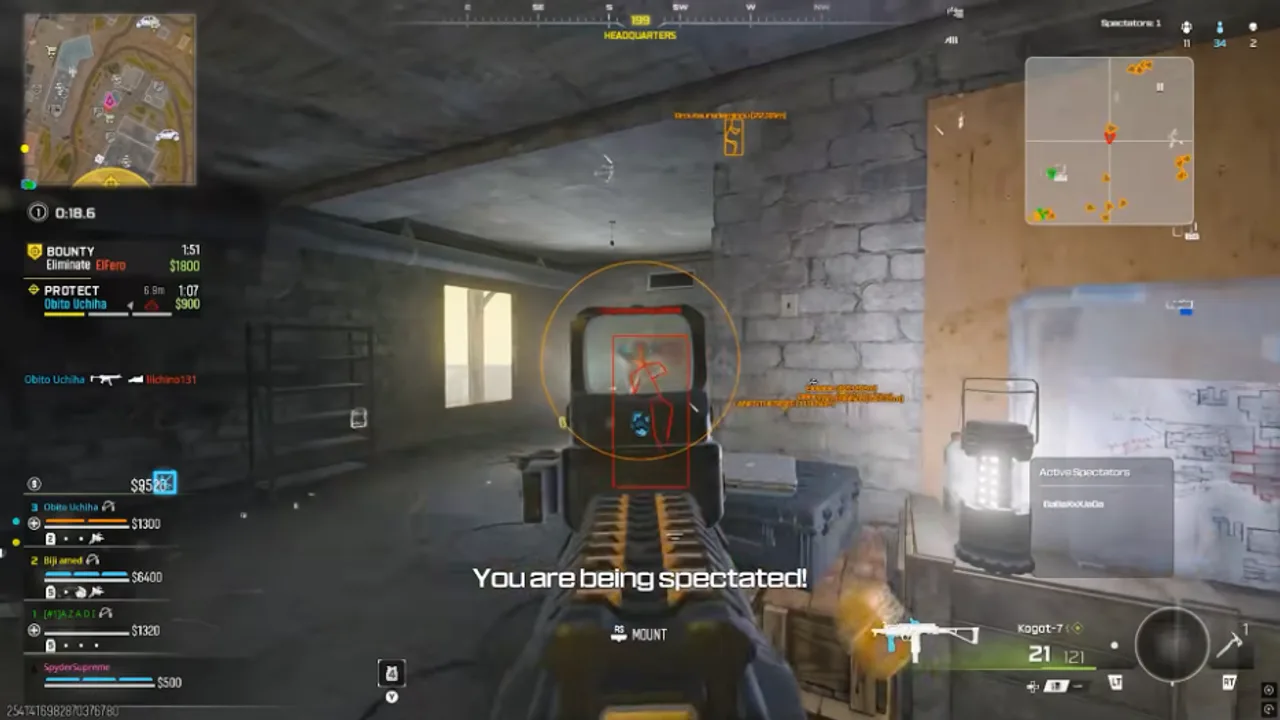 Call of Duty hack HUD with ESP box and mount prompt inside a Warzone room