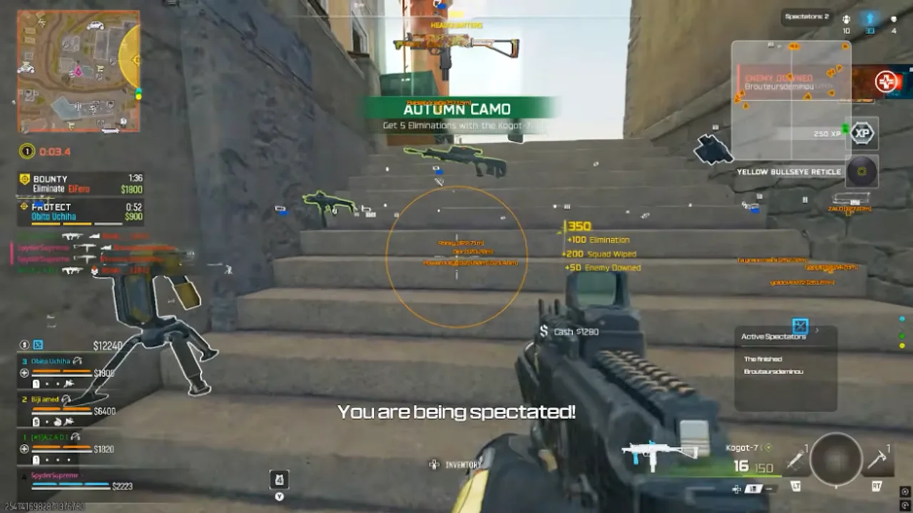 Call of Duty hack feature overlay on Warzone stairs showing ESP names, loot and radar
